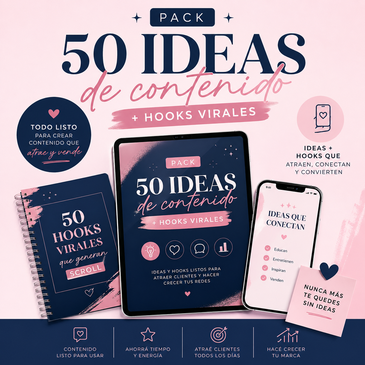 Pack 50 ideas de contenido + Hooks virales